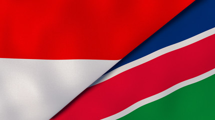 The flags of Indonesia and Namibia. News, reportage, business background. 3d illustration