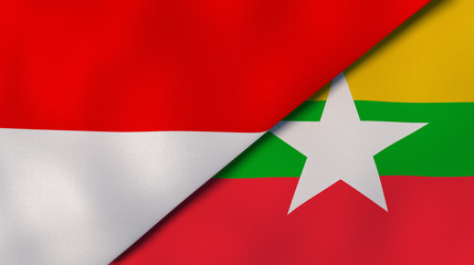 The flags of Indonesia and Myanmar. News, reportage, business background. 3d illustration