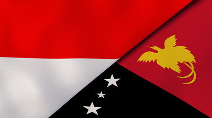 The flags of Indonesia and Papua New Guinea. News, reportage, business background. 3d illustration