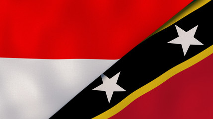 The flags of Indonesia and Saint Kitts and Nevis. News, reportage, business background. 3d illustration