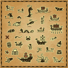 Vector medieval, pirate and viking medieval, pirate and viking icon set on a worn parchment background with a frame. Includes: mermaids, sea monsters, ships, shark, skeleton, rum, pirate, snake, etc.  © Fantasy Maps