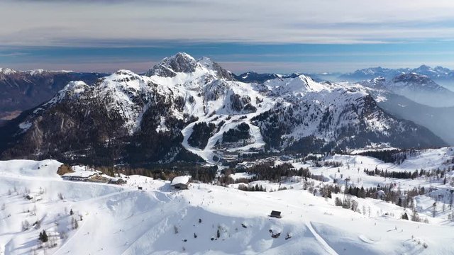 Aerial Landscape View of Nassfeld Ski Resort in Austrian province of Carinthia with Skiers on slopes