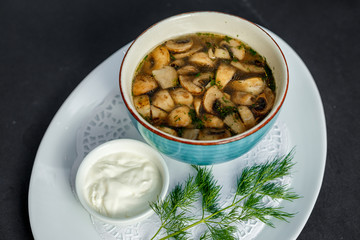 mushroom soup with sauce on a white plate