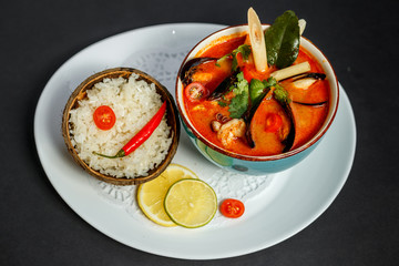 Thai spicy tom yam soup with seafood