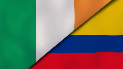 The flags of Ireland and Colombia. News, reportage, business background. 3d illustration