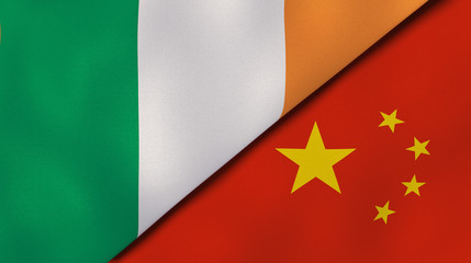 The flags of Ireland and China. News, reportage, business background. 3d illustration