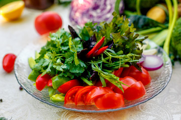 Fresh salad of tomato cucumber and pepper with greens, healthy food, vegetables