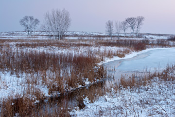 Fototapeta na wymiar A winter day ends with a peaceful twilight on a Midwest prairie landscape.