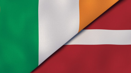 The flags of Ireland and Latvia. News, reportage, business background. 3d illustration