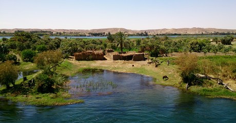Fototapeta na wymiar Rural environment in the middle of the Nile River. You can see an area of vegetation that contrasts with the desert in the background. In addition some construct