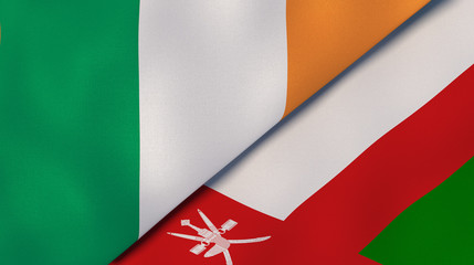 The flags of Ireland and Oman. News, reportage, business background. 3d illustration