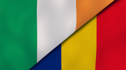 The flags of Ireland and Romania. News, reportage, business background. 3d illustration