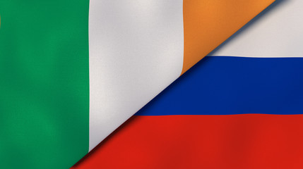 The flags of Ireland and Russia. News, reportage, business background. 3d illustration