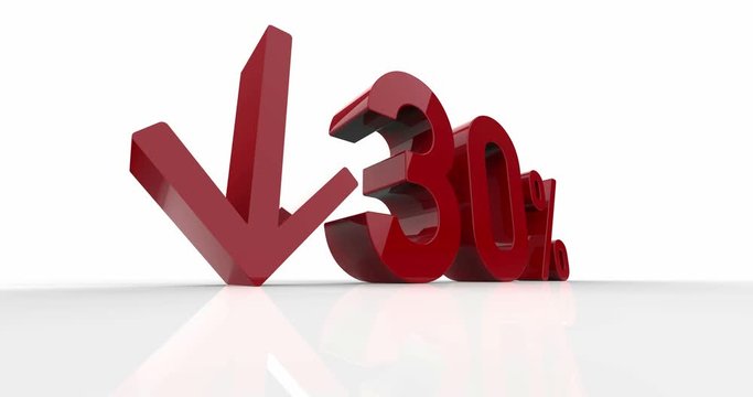 Down Recession Arrow and 30 Percent Sign, Economic Crisis, Financial Crash, Red 30% Percent Discount 3d Sign on White Background, Special Offer 30% Discount Tag, Sale Up to 30 Percent Off, Thirty Perc