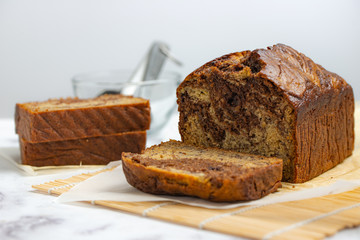 Freshly baked loaf of banana chocolate bread