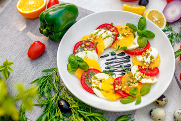 fresh vegetarian salad with greens and vegetables on the table, healthy food