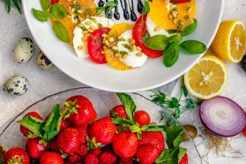 fresh vegetarian salad with greens and vegetables on the table, healthy food