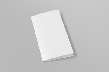 Blank square leaflet on gray background. Bi-fold or half-fold closed brochure isolated with clipping path. Side view. 3d illustration