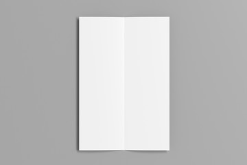 Blank vertical A4 leaflet on gray background. Bi-fold or half-fold opened brochure isolated with clipping path. View directly above. 3d illustration