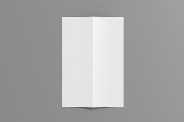 Blank vertical A4 leaflet cover on gray background. Bi-fold or half-fold opened brochure isolated with clipping path. View directly above. 3d illustration