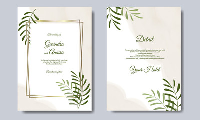 Elegant wedding invitation card template design with golden frame and leaves Premium Vector