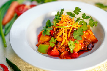 fresh vegetarian salad with greens and vegetables on the table, healthy food