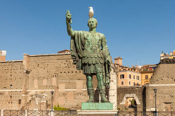 Fototapeta na wymiar Statue of the Emperor Trajan with seagull on his head with Trajan's Forum and market on background, Rome, Italy
