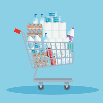 Cart Shopping With Excess Groceries Vector Illustration Design