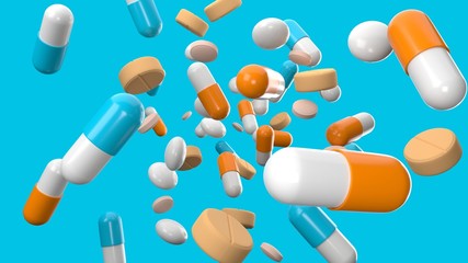 Various medicine and pills on blue background.
3D render illustration.