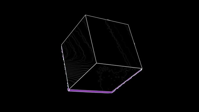 A 3D cube model wireframe, rotating slowly and glitching