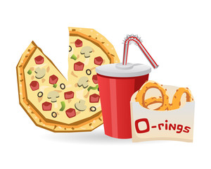 Vector illustration of a pizza with mushrooms, pepperoni, cheese, olives and green peppers isolated on white with a red beverage and fried onion rings. Drawn in a simple stylized style.