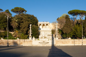 Fontana del Nettuno and steps lead from the Piazza del Popolo to the Pincio to the east. Rome. Italy