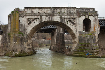 The Pons Aemilius (Ponte Emilio or Ponte Rotto). Oldest Roman stone bridge in Rome, Italy. View...