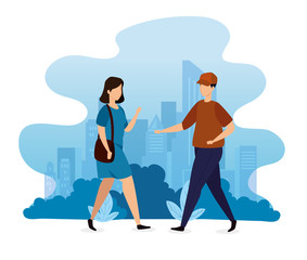 young couple walking with cityscape vector illustration design