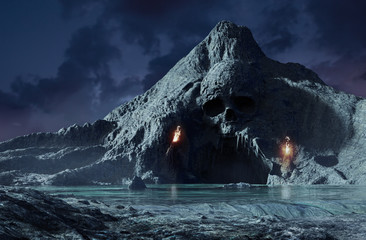 3d render of skeleton fantasy cave with torches.