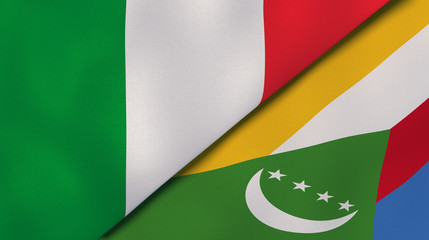 The flags of Italy and Comoros. News, reportage, business background. 3d illustration