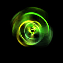 Spinning rays of light isolated on black background. Graphic 2D illustration of glowing colorful light particles in circular motion.