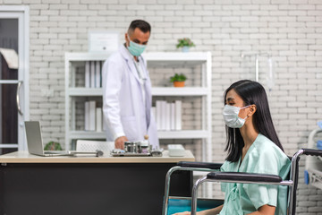 Woman asian patient with mask looking at camara with health medical care express trust concept in hospital.healthcare and medicine