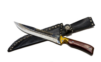 Old knife and scabbard on a white background.