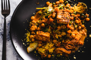 plant-based food, vegan veggie roast with chickpeas and tofu