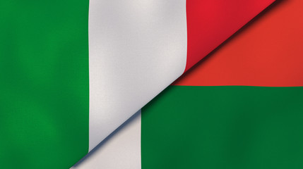 The flags of Italy and Madagascar. News, reportage, business background. 3d illustration