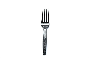 Black plastic fork isolated on white background.