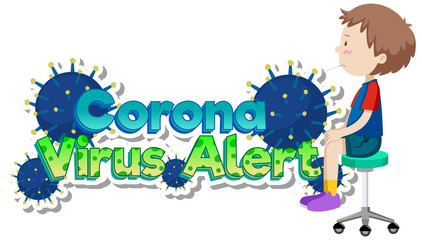 Poster design for coronavirus theme with sick boy and virus cells