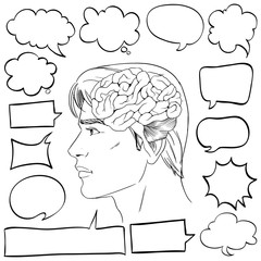 Different shapes of speech bubbles and man
