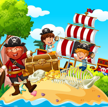 Scene with pirate and treasure chest on the island