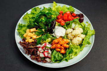 vegetable sliced ​​with sour cream and chicken on a white plate