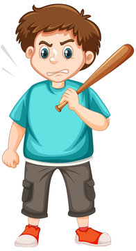 Angry man with baseball bat on white background