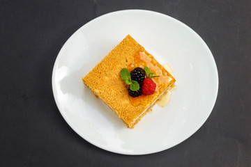 a slice of honey cake with berries, sweet dessert