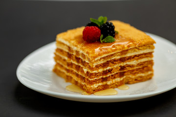 a slice of honey cake with berries, sweet dessert