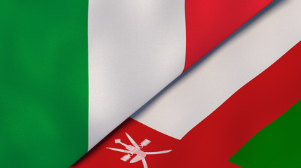The flags of Italy and Oman. News, reportage, business background. 3d illustration